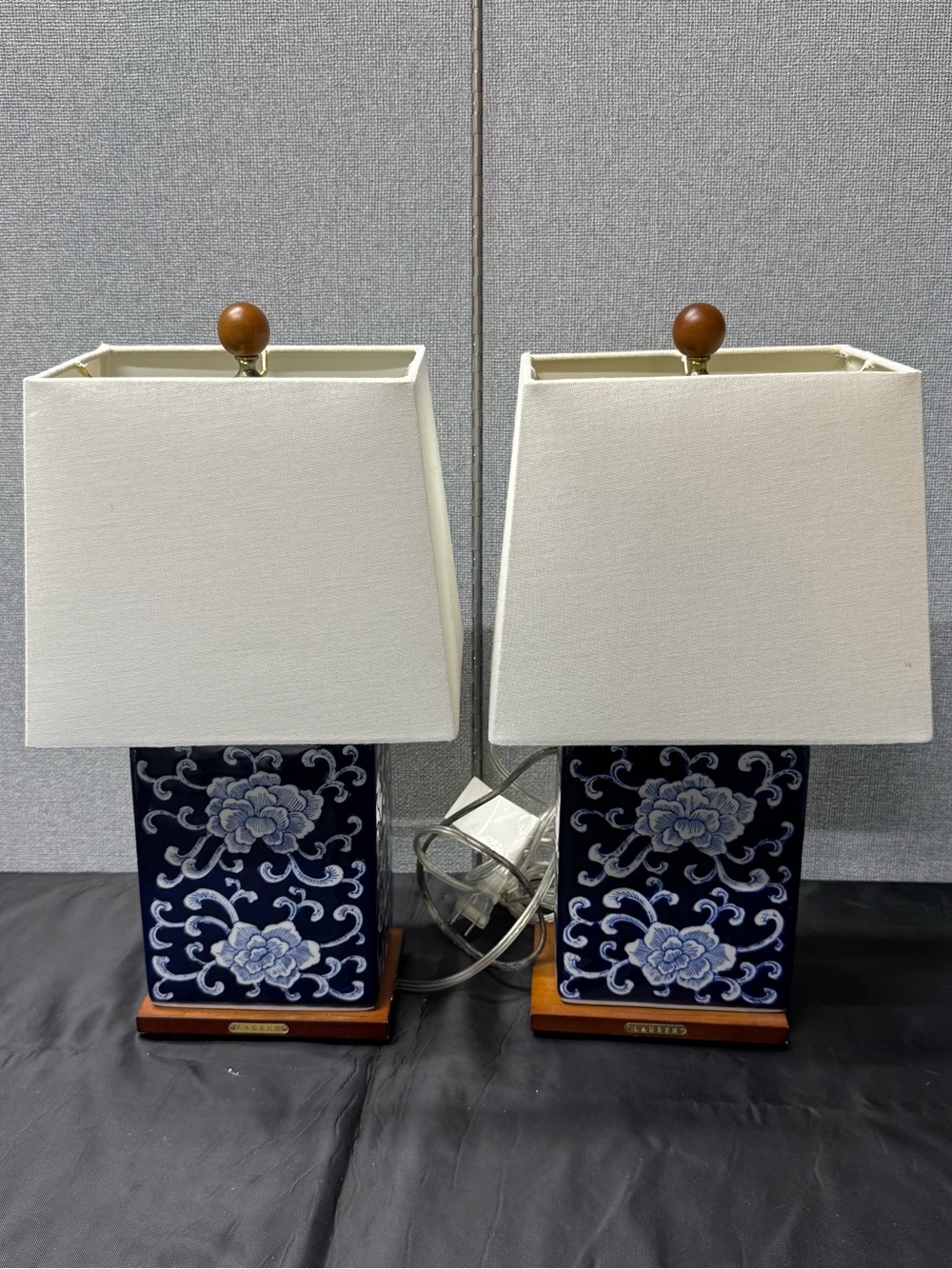 Ralph Lauren Navy Blue Floral Ceramic Table Lamps with White Shades